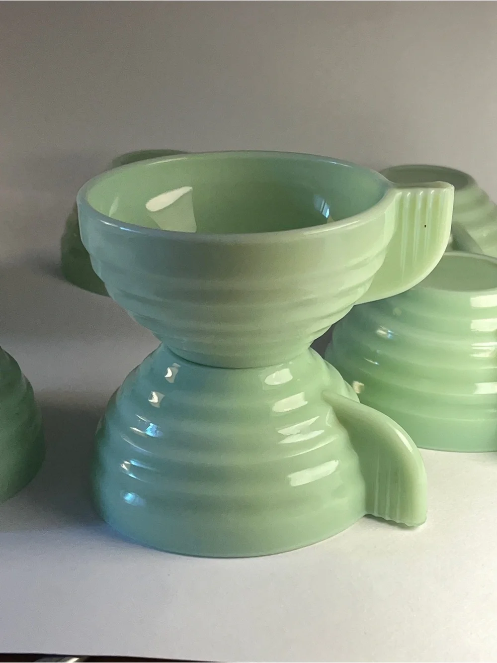 Vintage Jadeite Cup Set 7 Art Deco Style Ribbed Milk Glass Coffee Cups - FRANCE